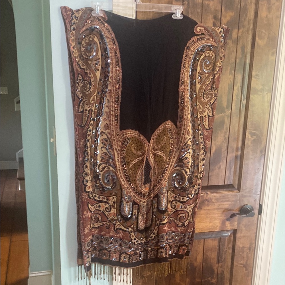 Embellished Black and Gold Scarf with beads and sequins. Stunning! 78” long.